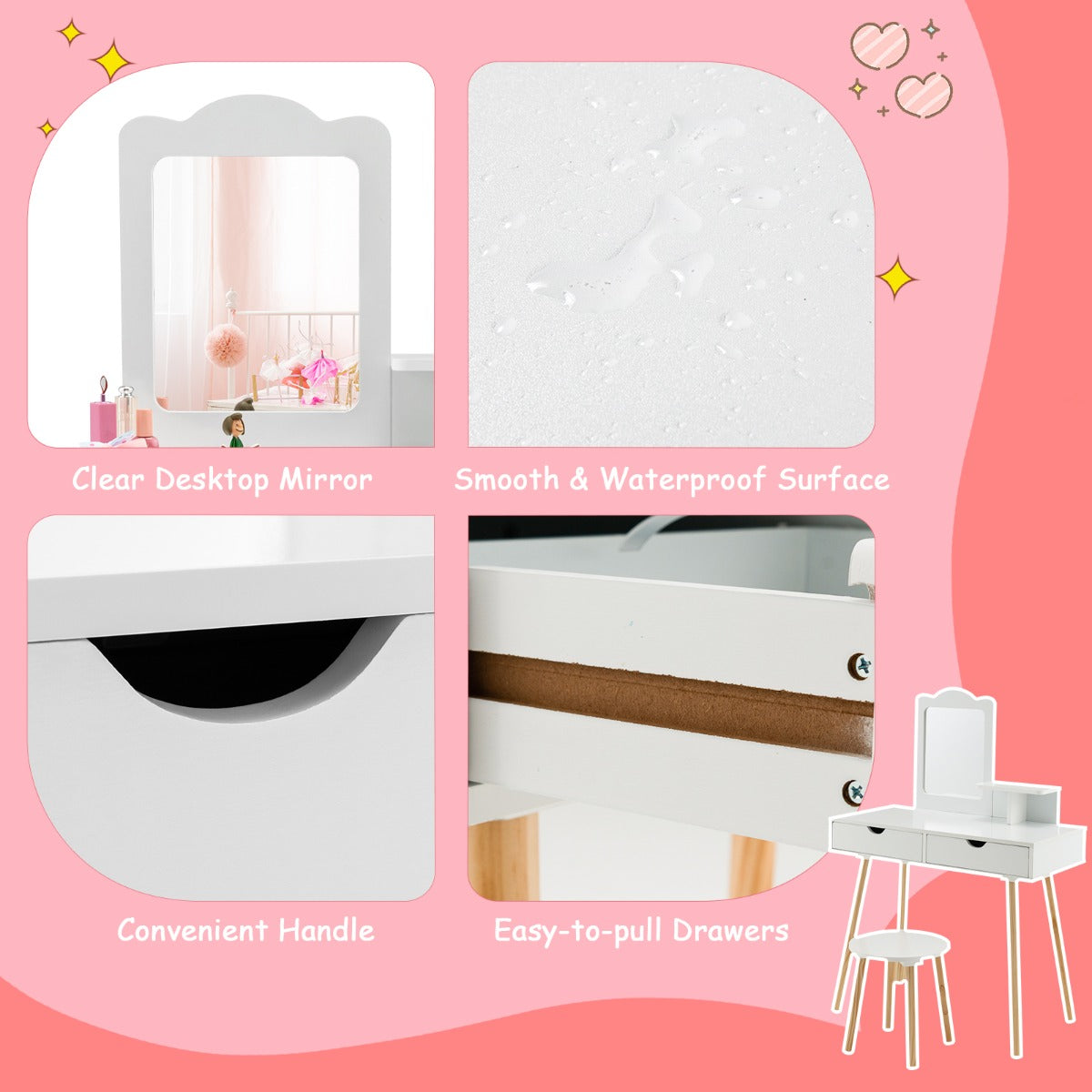 Costway 2-in-1 Kids' Vanity Set with 1 Rectangular Mirror & 2 Large Drawers
