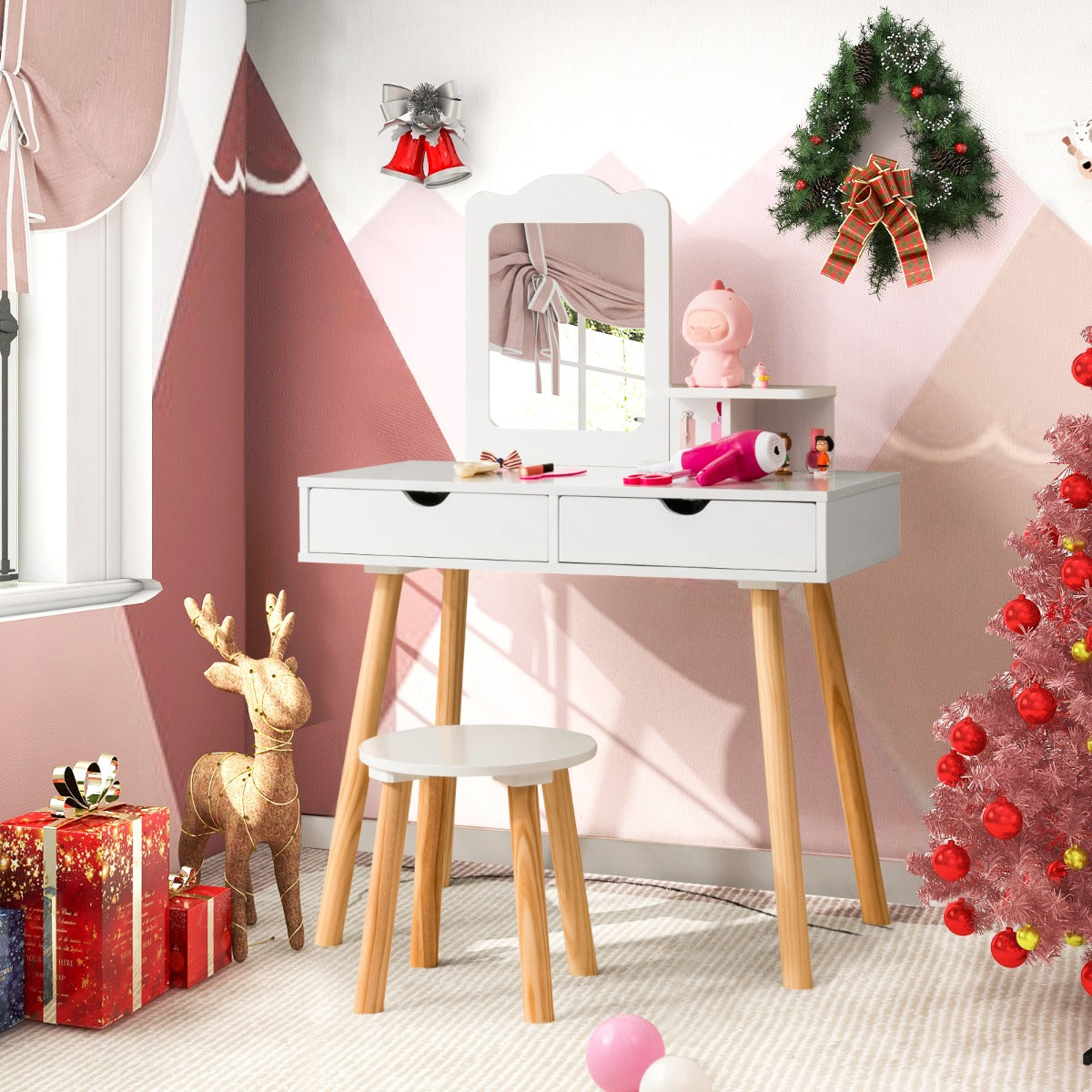 Costway 2-in-1 Kids' Vanity Set with 1 Rectangular Mirror & 2 Large Drawers