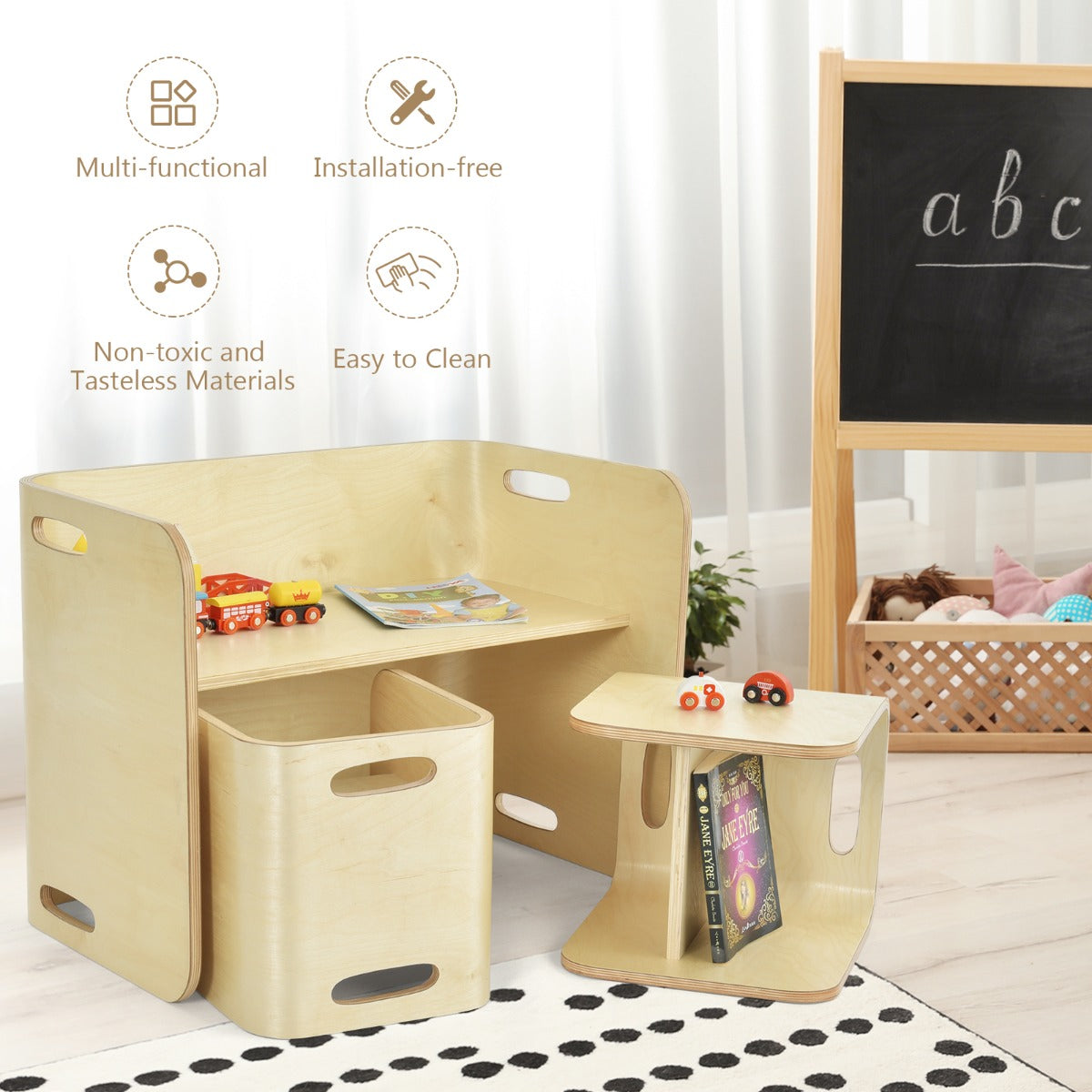 Kids Table and Chair Set with Storage Shelves-Natural