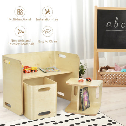 Kids Table and Chair Set with Storage Shelves-Natural