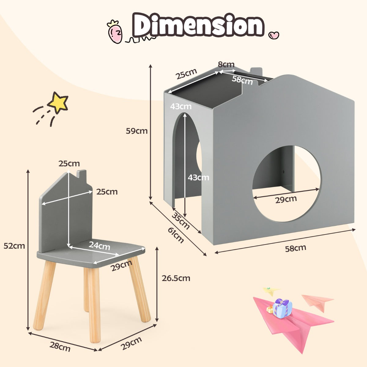 3 Pieces Kids Wooden Activity Play Desk and Chair Set with Chalkboards-Grey