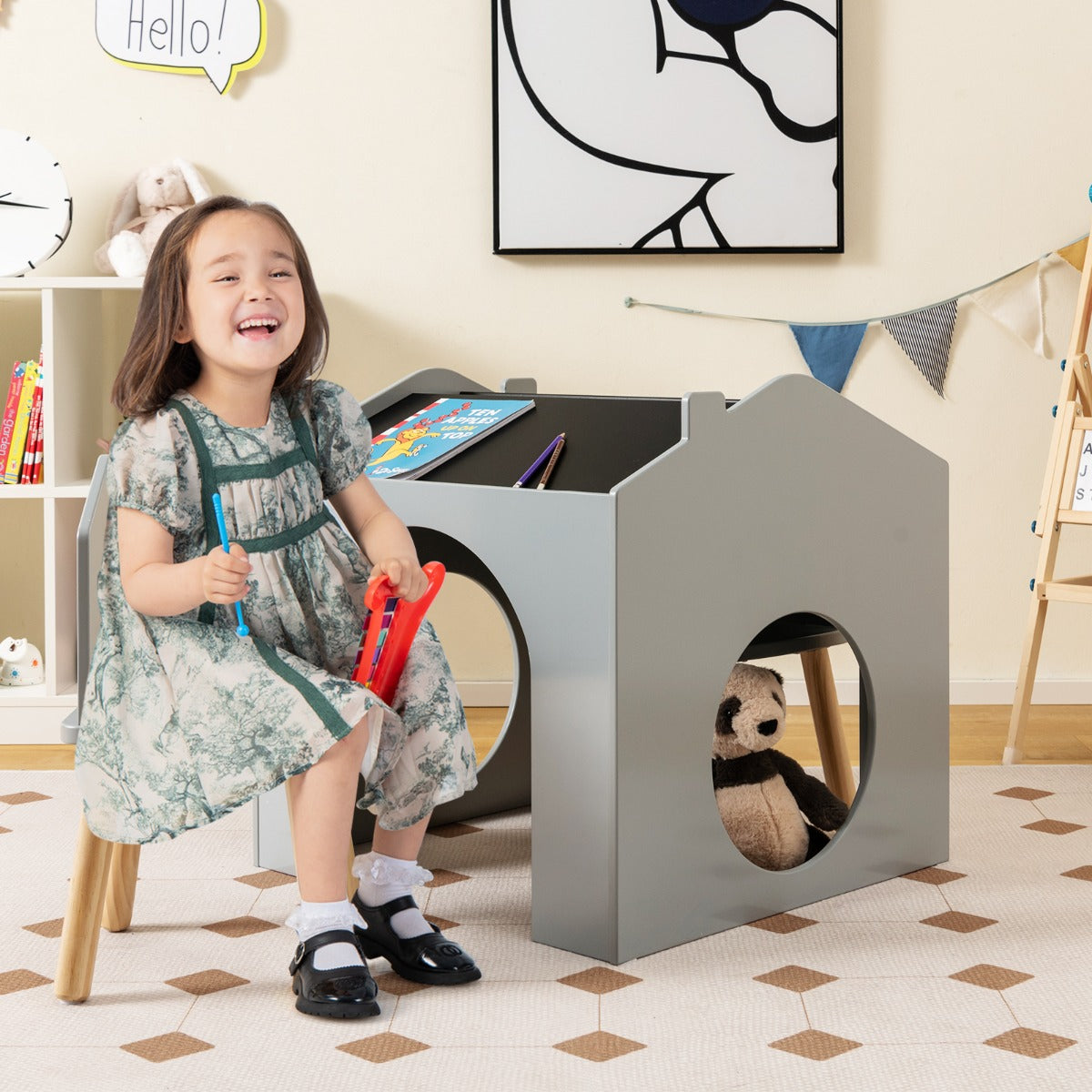 3 Pieces Kids Wooden Activity Play Desk and Chair Set with Chalkboards-Grey