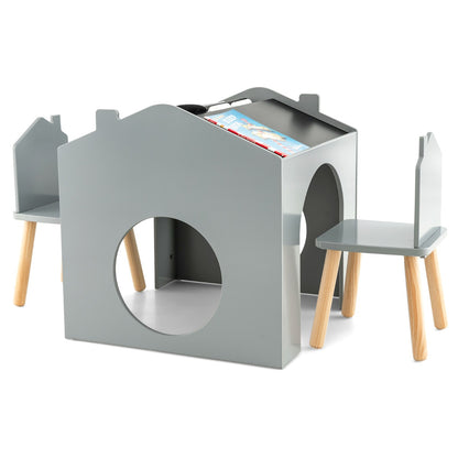 3 Pieces Kids Wooden Activity Play Desk and Chair Set with Chalkboards-Grey