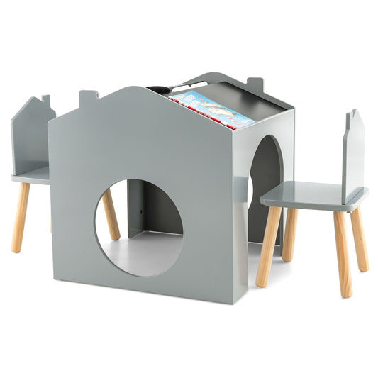 3 Pieces Kids Wooden Activity Play Desk and Chair Set with Chalkboards-Grey
