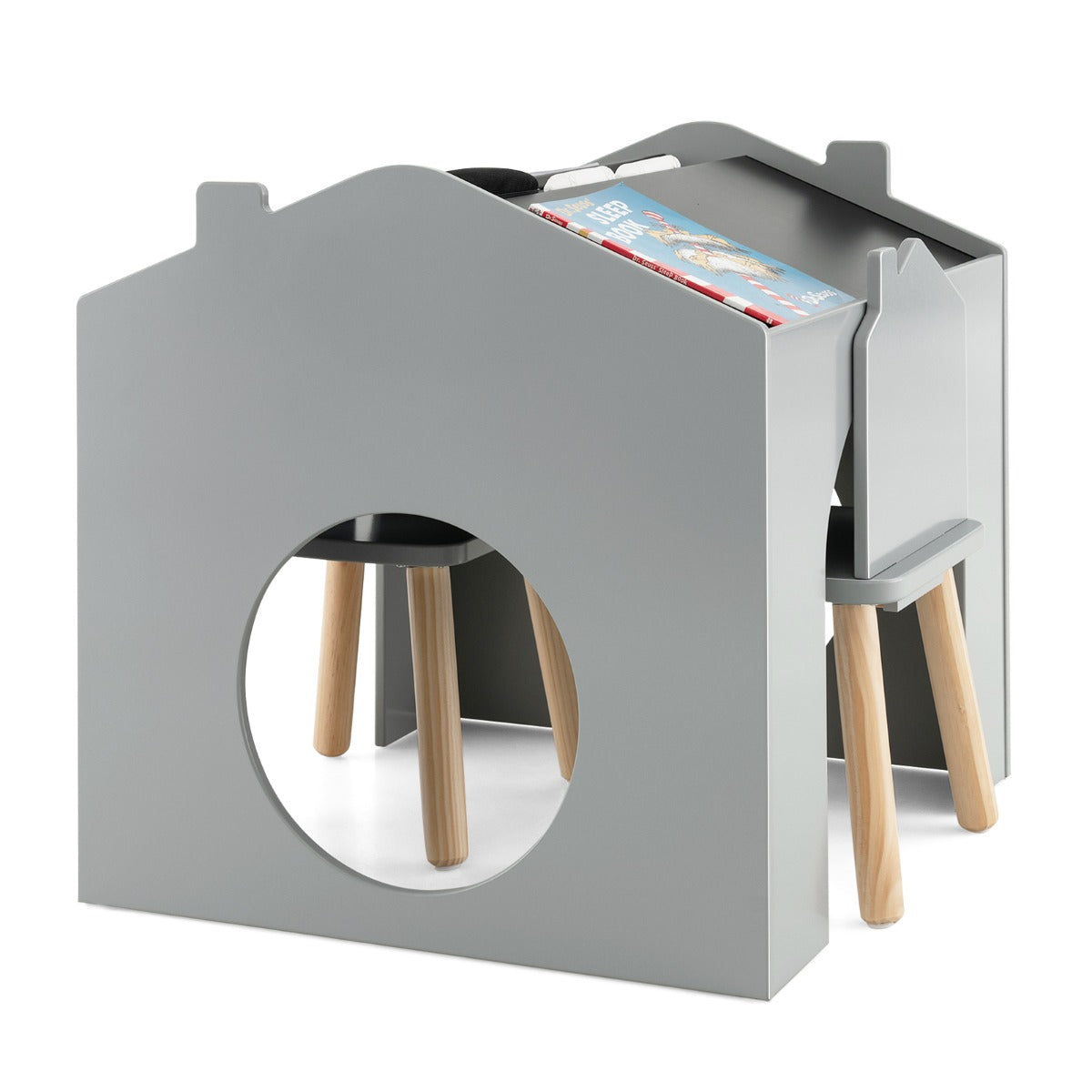 3 Pieces Kids Wooden Activity Play Desk and Chair Set with Chalkboards-Grey