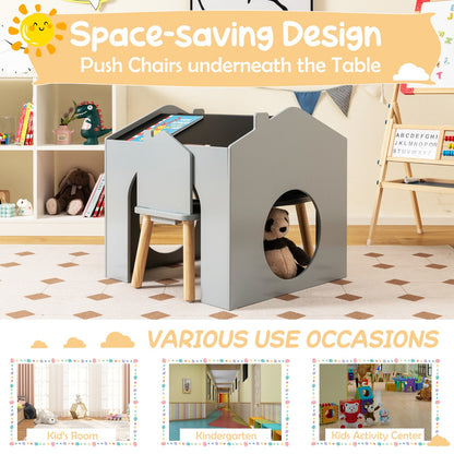 3 Pieces Kids Wooden Activity Play Desk and Chair Set with Chalkboards-Grey