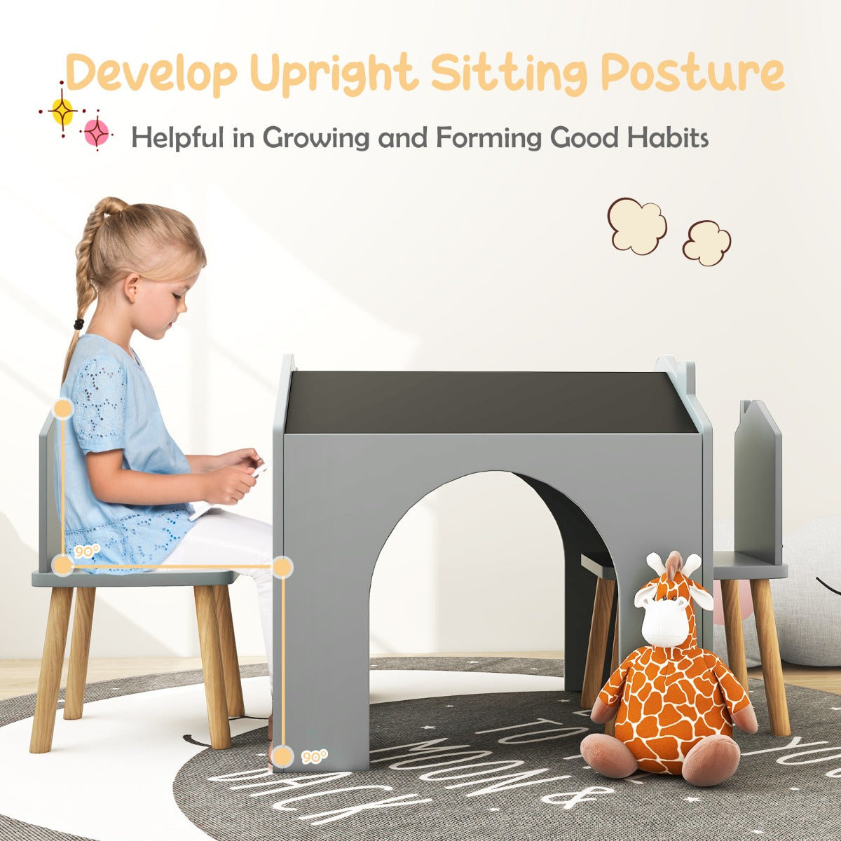 3 Pieces Kids Wooden Activity Play Desk and Chair Set with Chalkboards-Grey