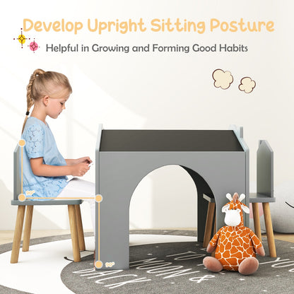 3 Pieces Kids Wooden Activity Play Desk and Chair Set with Chalkboards-Grey