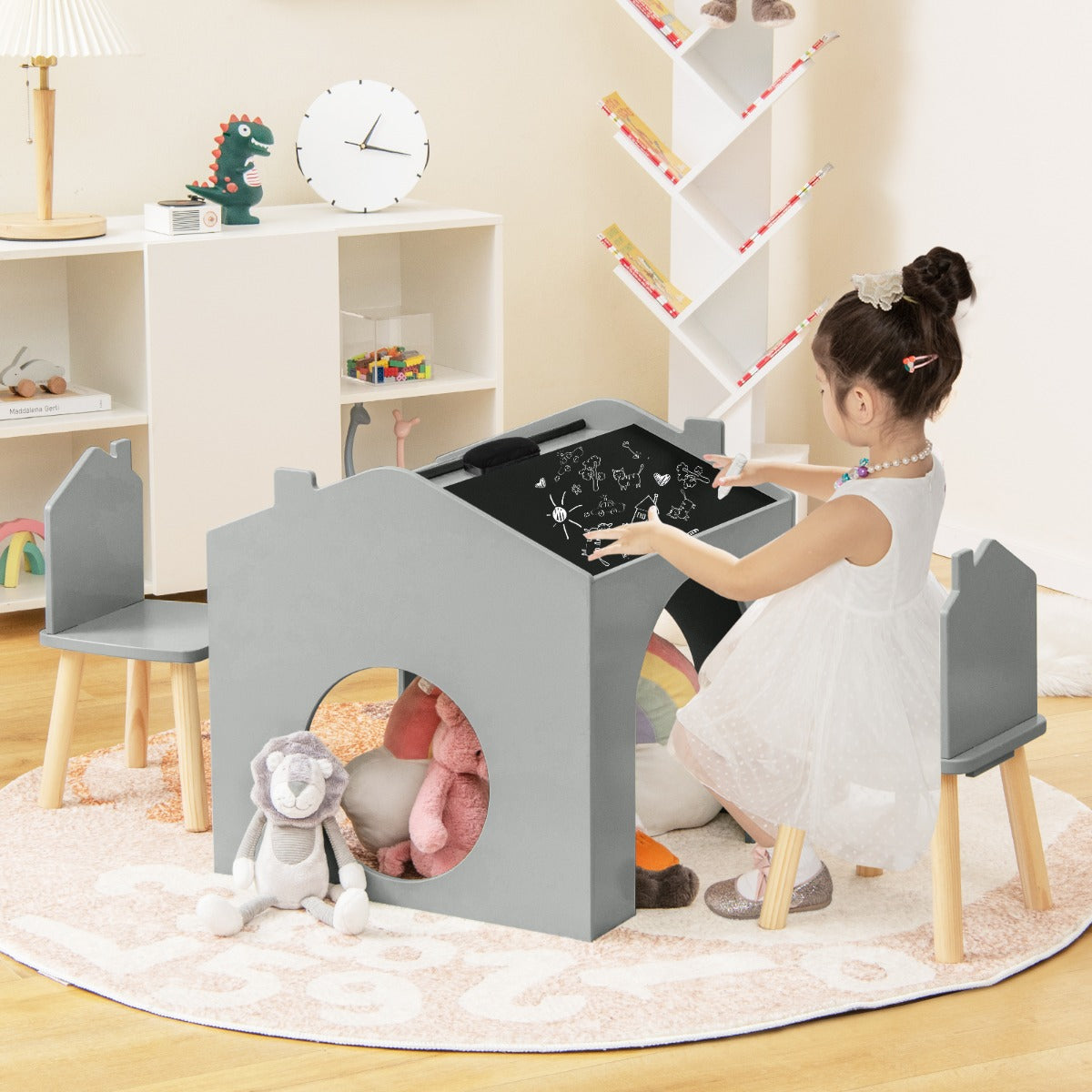 3 Pieces Kids Wooden Activity Play Desk and Chair Set with Chalkboards-Grey