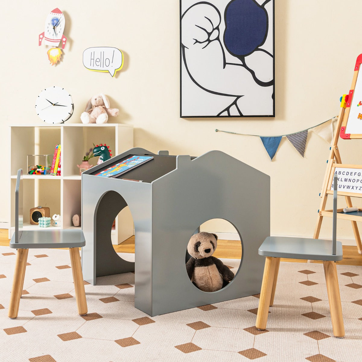 3 Pieces Kids Wooden Activity Play Desk and Chair Set with Chalkboards-Grey