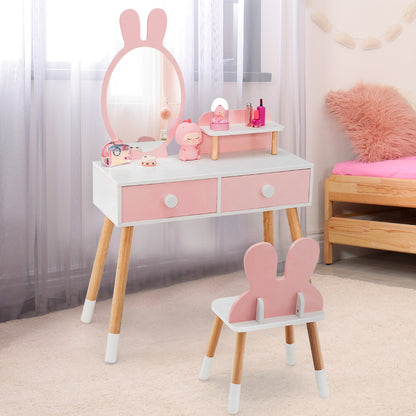 Kids Vanity Dressing Table Stool Set with Mirror Drawers