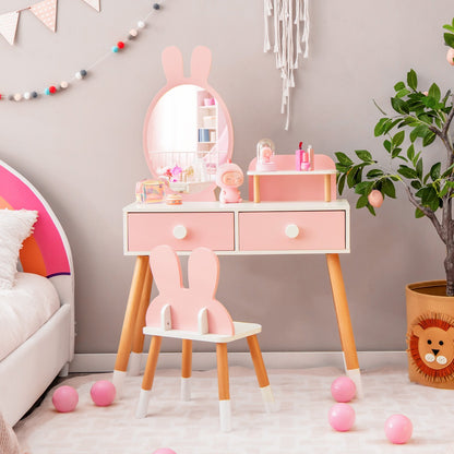 Kids Vanity Dressing Table Stool Set with Mirror Drawers