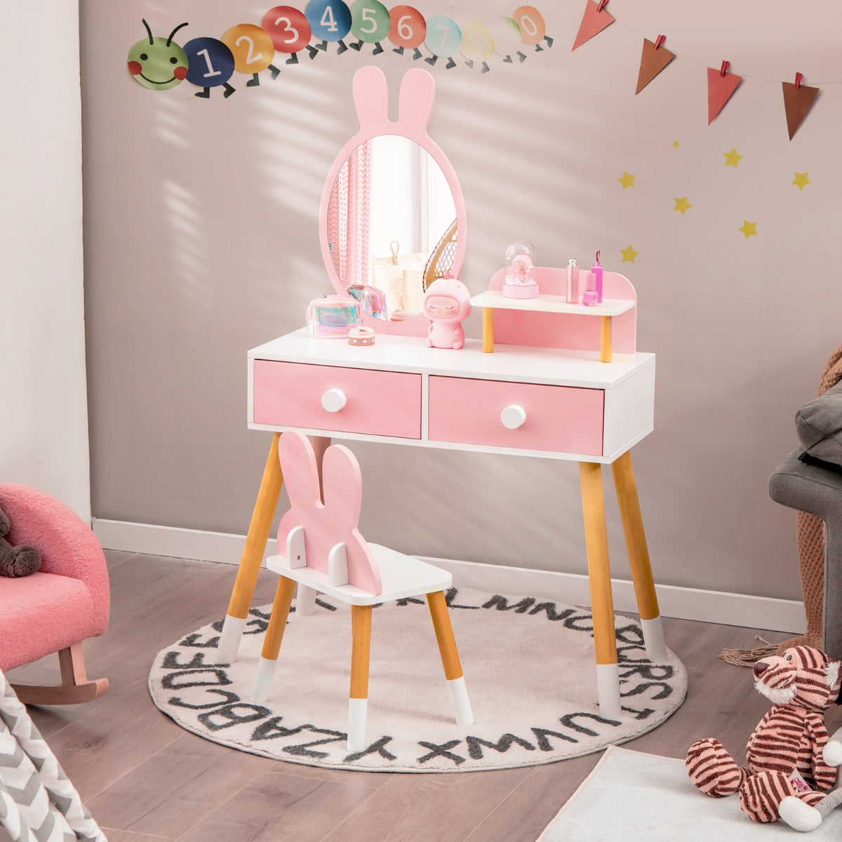 Kids Vanity Dressing Table Stool Set with Mirror Drawers