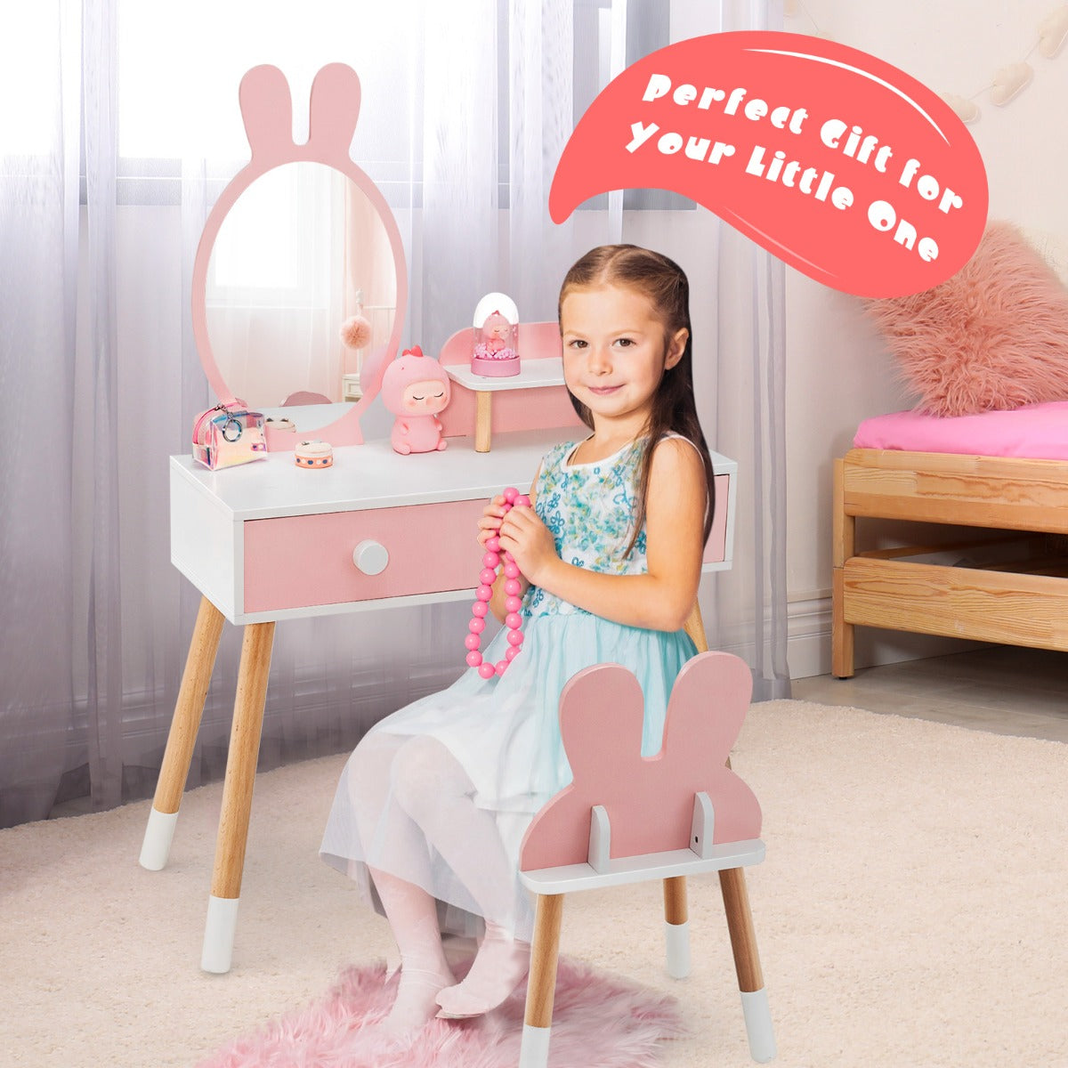 Kids Vanity Dressing Table Stool Set with Mirror Drawers