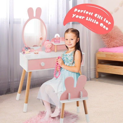 Kids Vanity Dressing Table Stool Set with Mirror Drawers