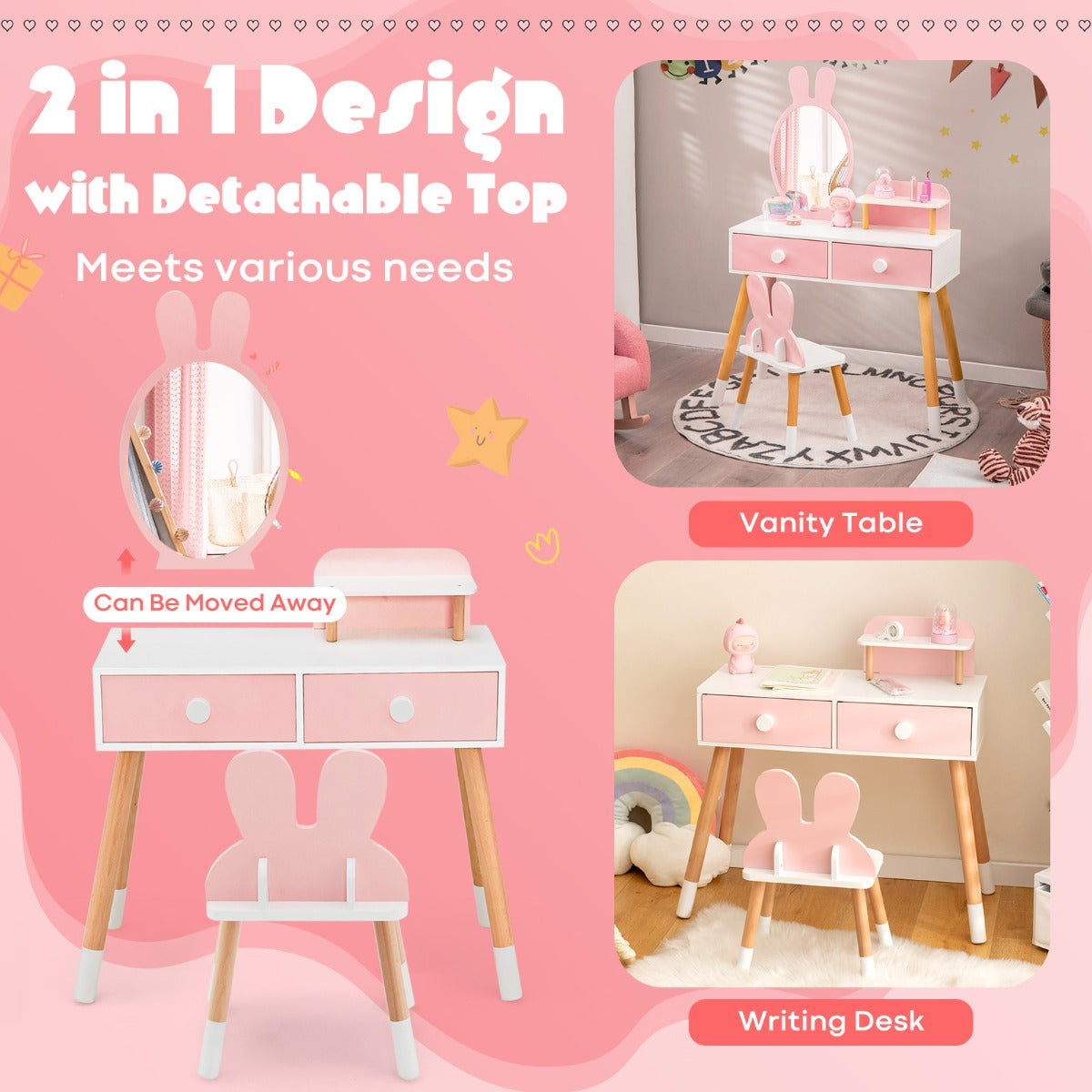 Kids Vanity Dressing Table Stool Set with Mirror Drawers