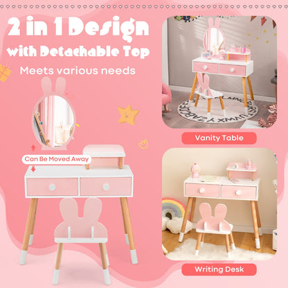 Kids Vanity Dressing Table Stool Set with Mirror Drawers