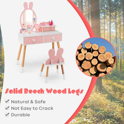 Kids Vanity Dressing Table Stool Set with Mirror Drawers