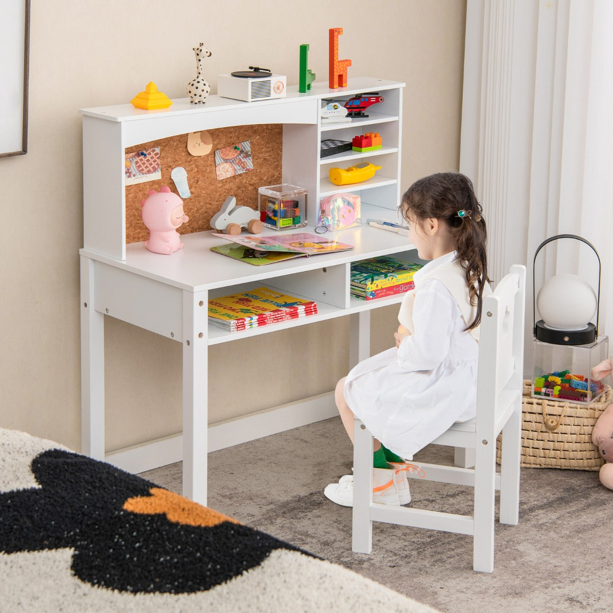 Kids Desk and Chair Set with Solid Wood Legs for 3+ Kids