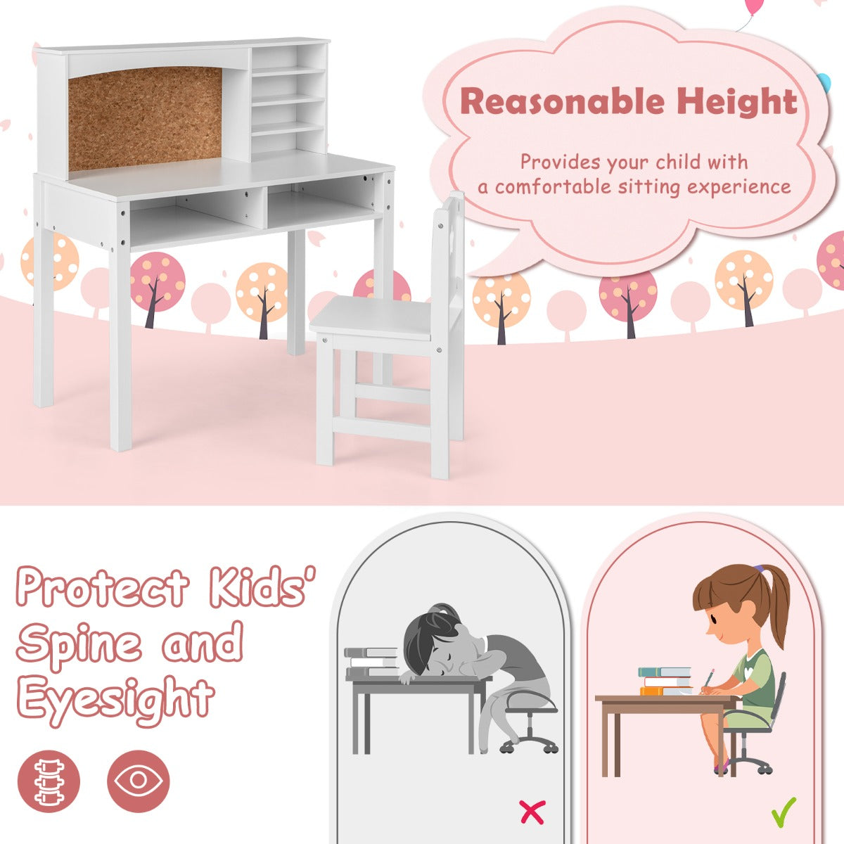 Kids Desk and Chair Set with Solid Wood Legs for 3+ Kids