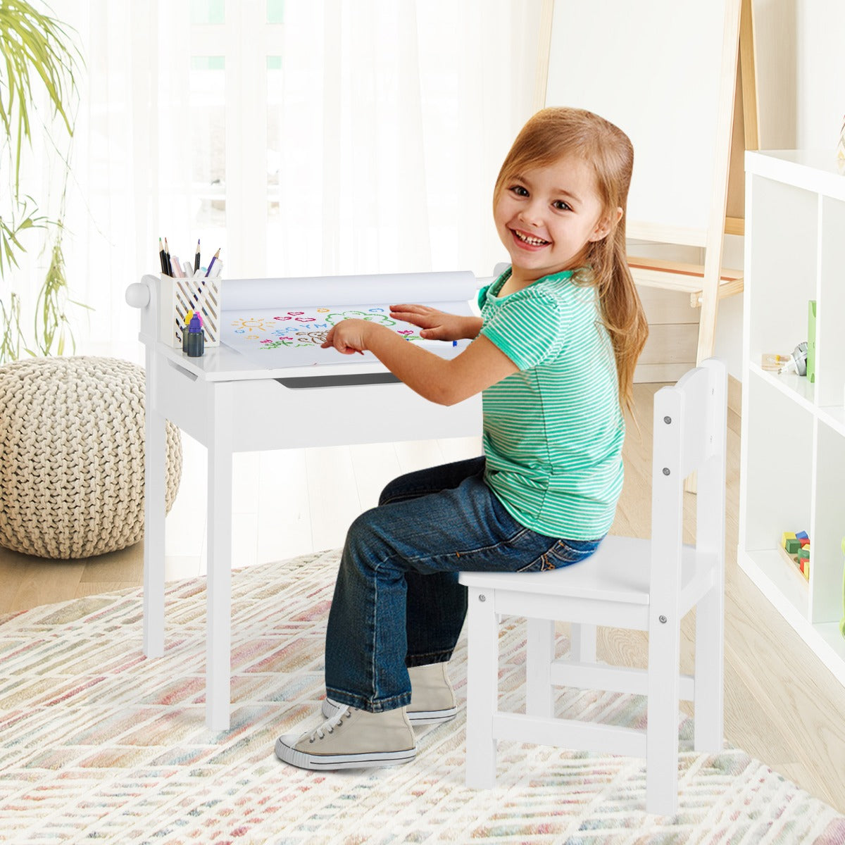 Toddler Activity Table Chair Set with Paper Roll Holder for Drawing, Studying