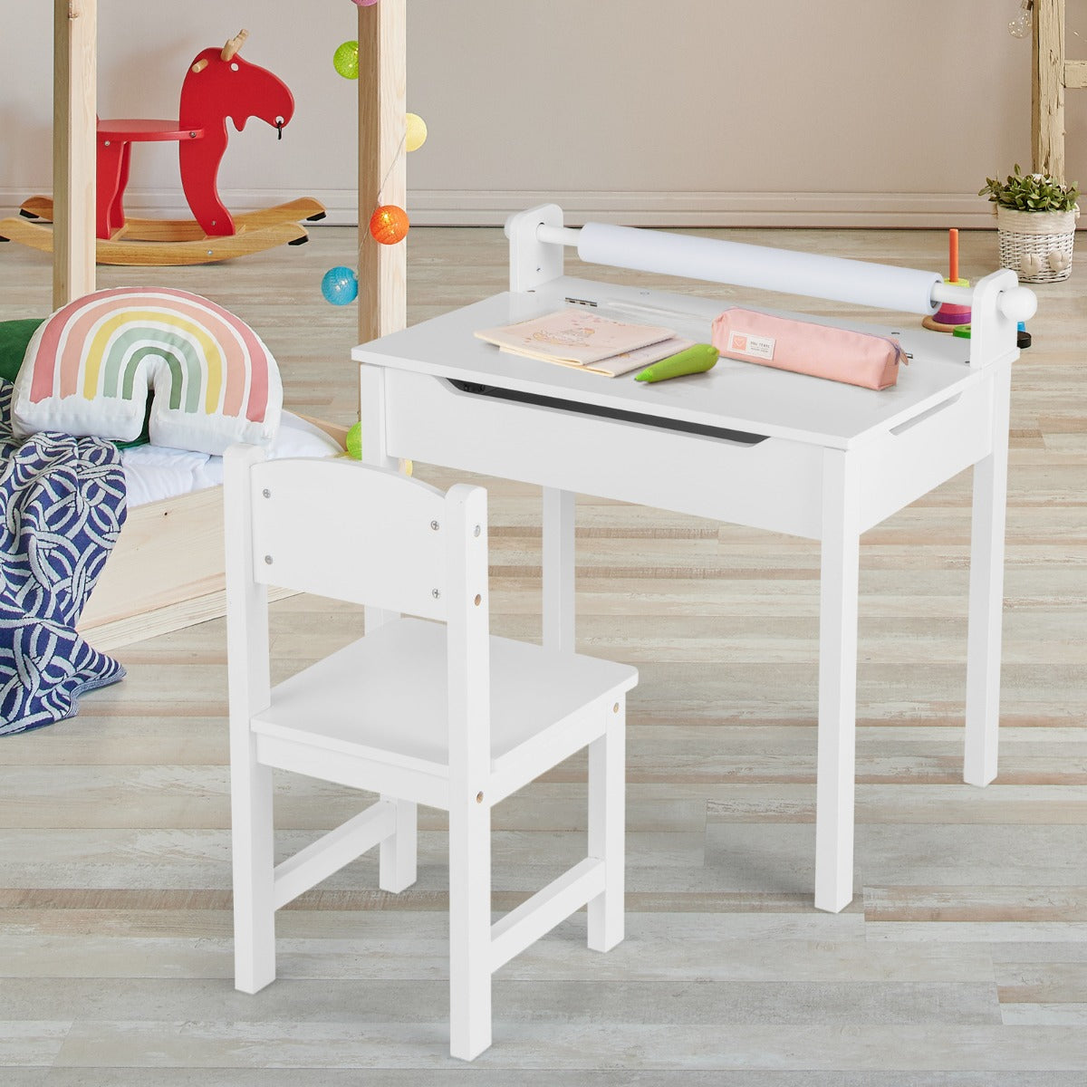 Toddler Activity Table Chair Set with Paper Roll Holder for Drawing, Studying