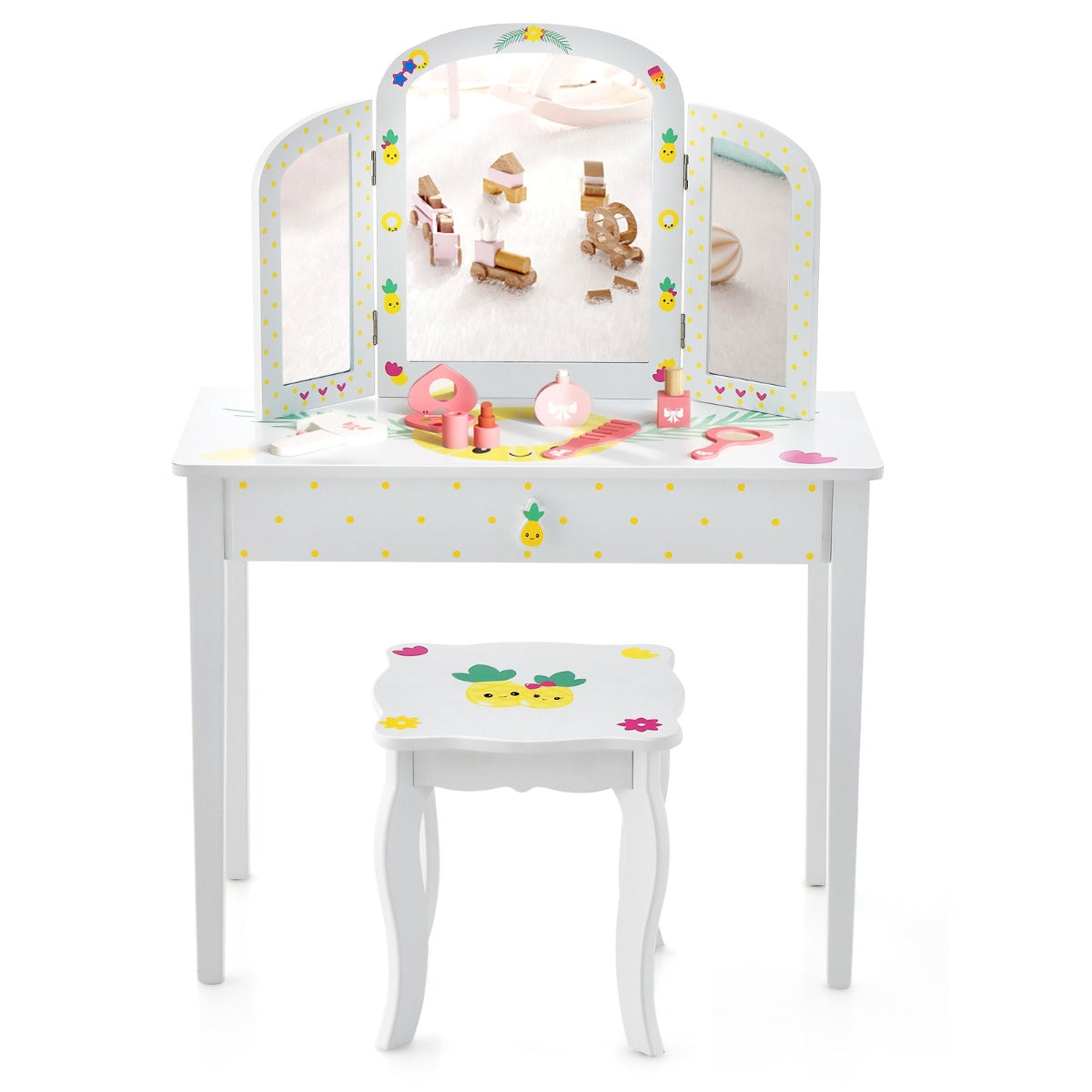 Detachable mirror and smooth surfaces make this children's vanity set versatile and easy to maintain