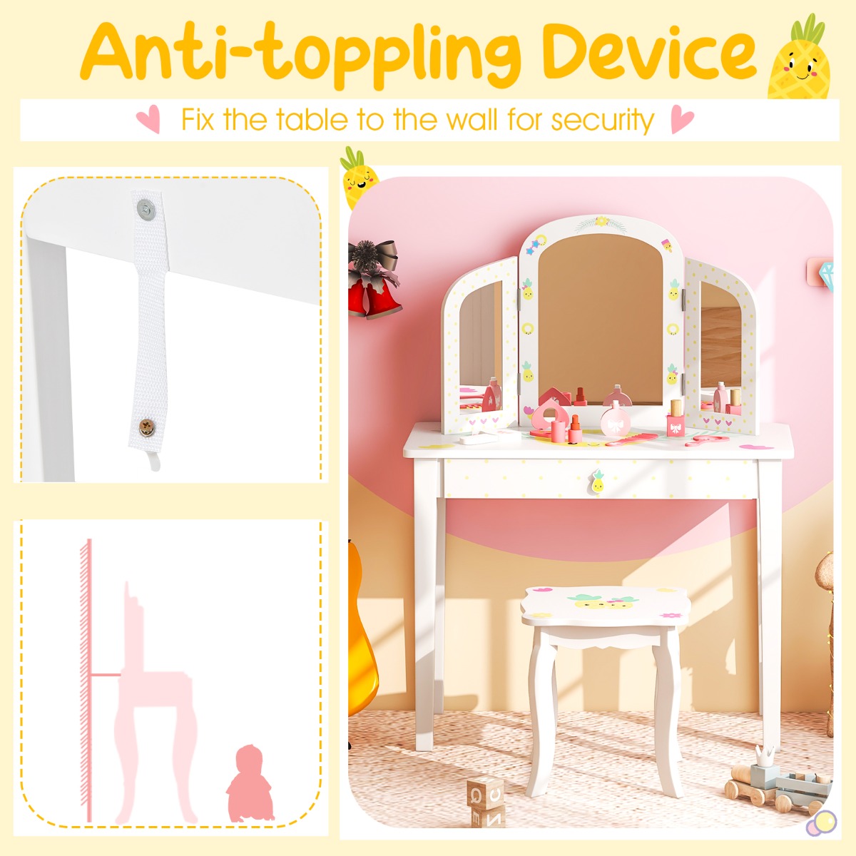 Cute white pineapple-patterned vanity set makes an appealing gift for children aged three and above