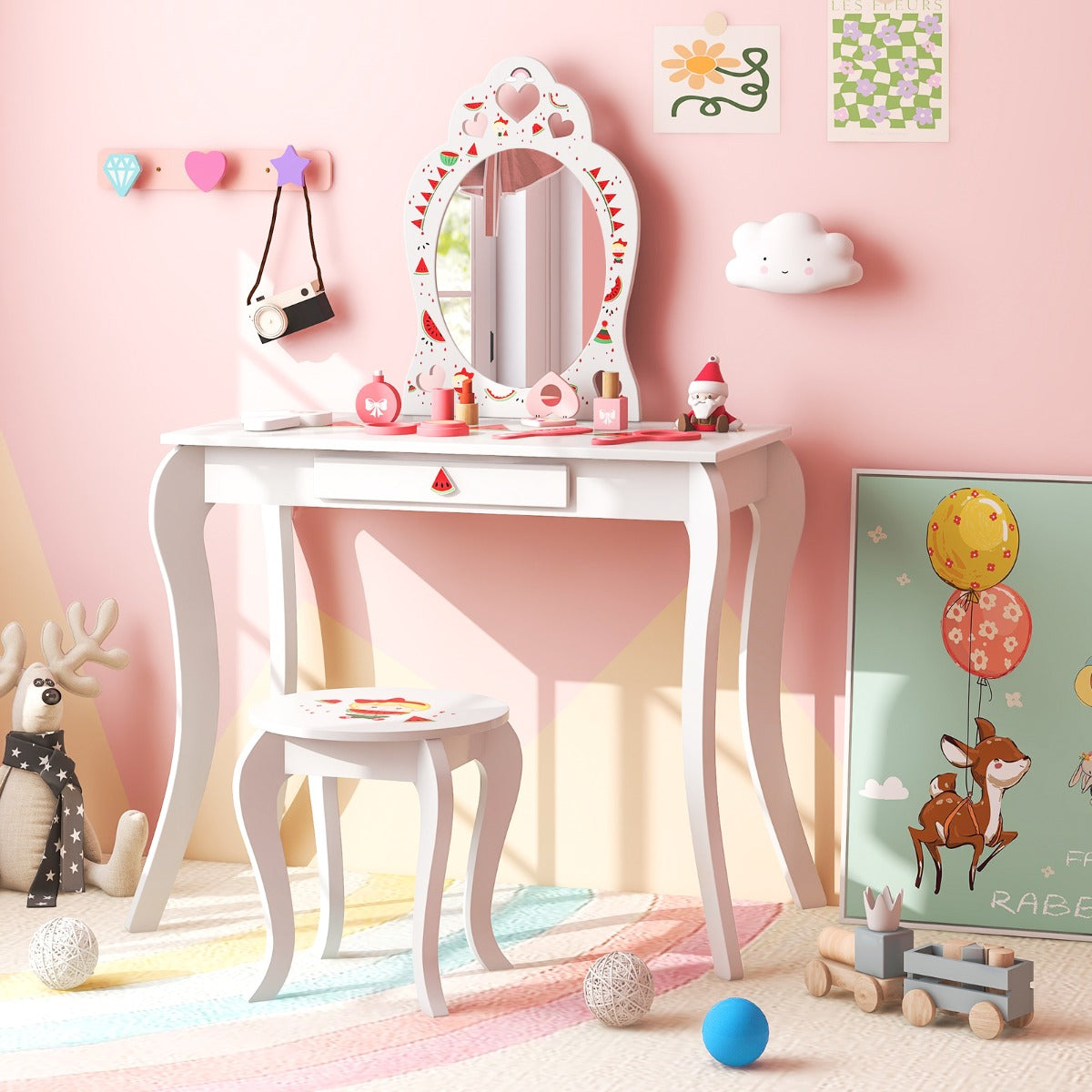 Costway 2 in 1 Children Dressing Table with Removable Mirror & Storage Drawer for Aged 3+ Years Old