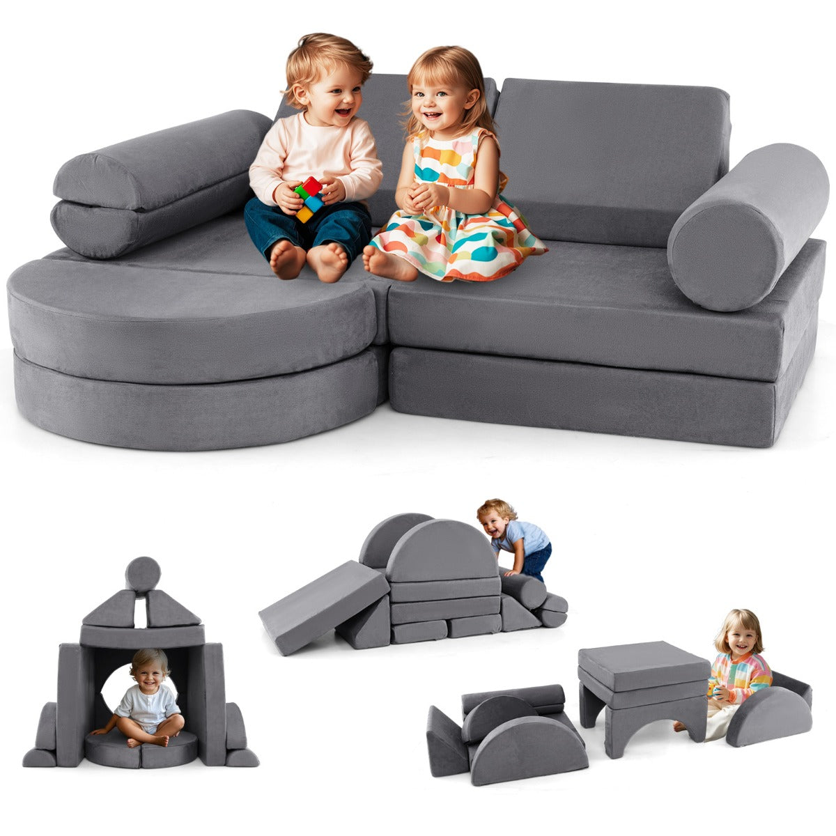 13 PCS Modular Kids Play Couch for Nursery Playroom Bedroom Living Room-Grey