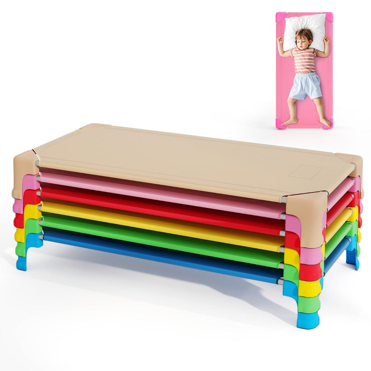 6 Pack Stackable Children’s Nap Time Cots with Metal Frame and Oxford Cloth-Colourful