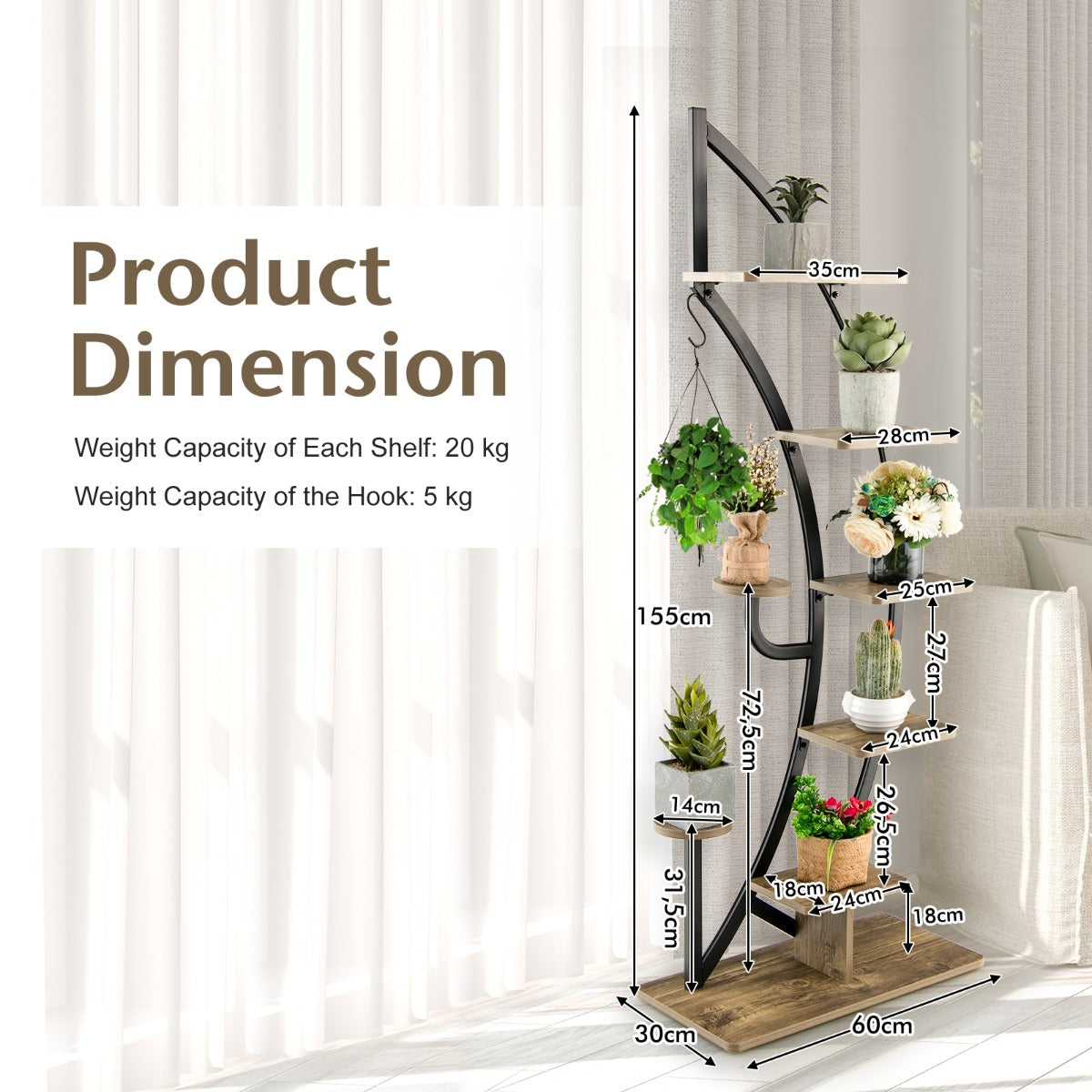 6-Tier Metal Curved Half Moon Shape Plant Stand Rack with Top Hook-2 pieces