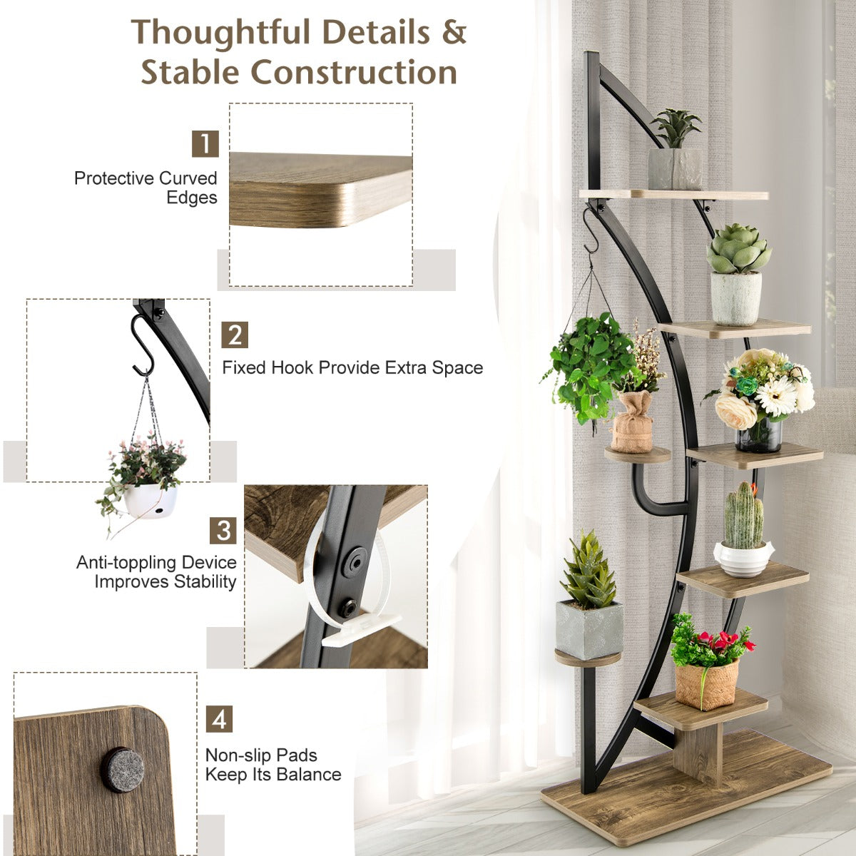 6-Tier Metal Curved Half Moon Shape Plant Stand Rack with Top Hook-2 pieces