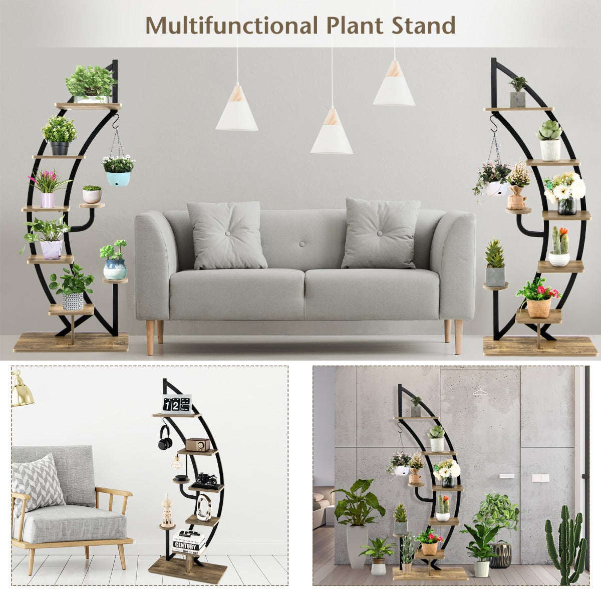 6-Tier Metal Curved Half Moon Shape Plant Stand Rack with Top Hook-2 pieces