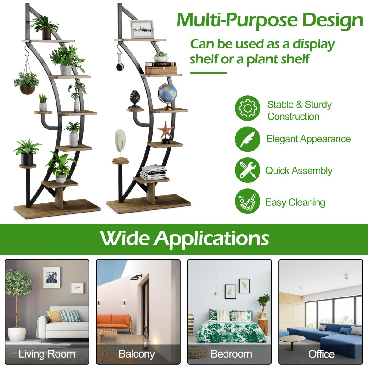 6-Tier Metal Plant Stand with Top Hook & Anti-Toppling Device