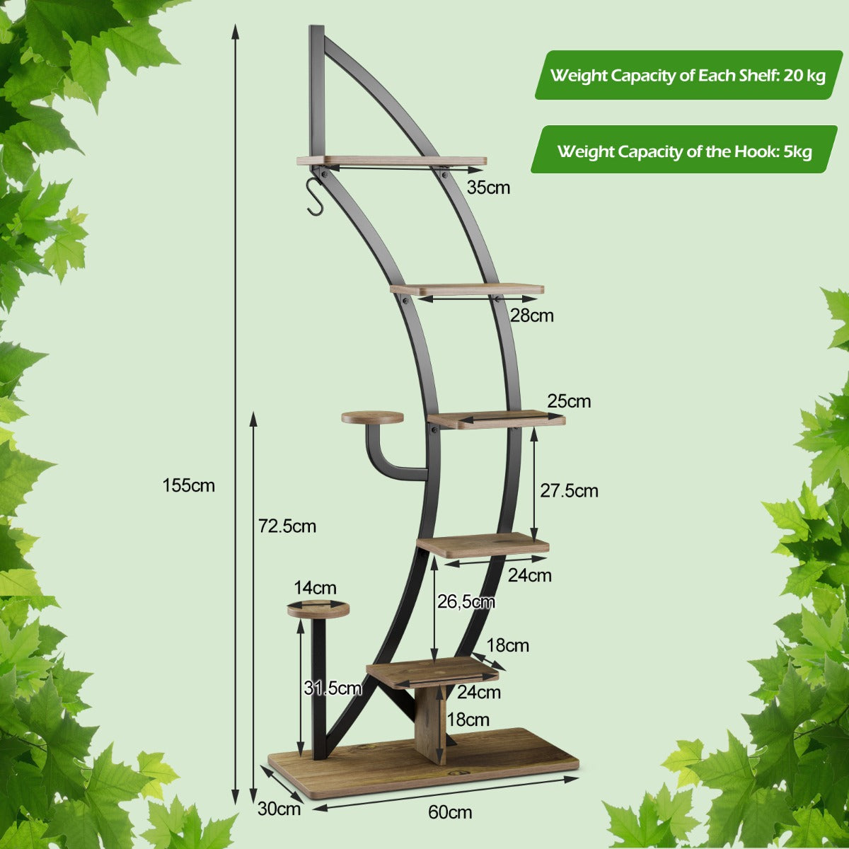 6-Tier Metal Plant Stand with Top Hook & Anti-Toppling Device