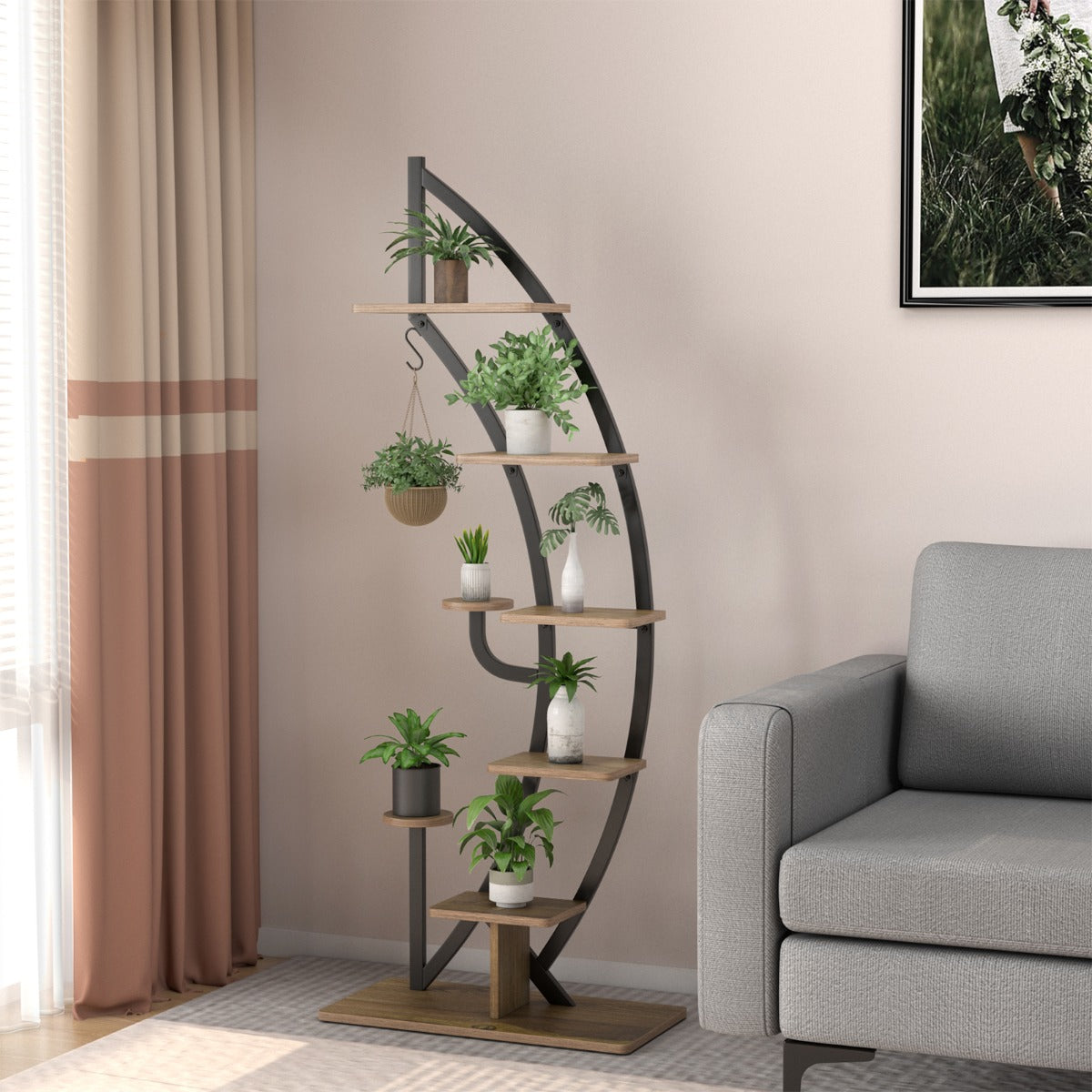 6-Tier Metal Plant Stand with Top Hook & Anti-Toppling Device