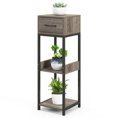 Three spacious open shelves display potted plants while maximizing vertical storage in small spaces