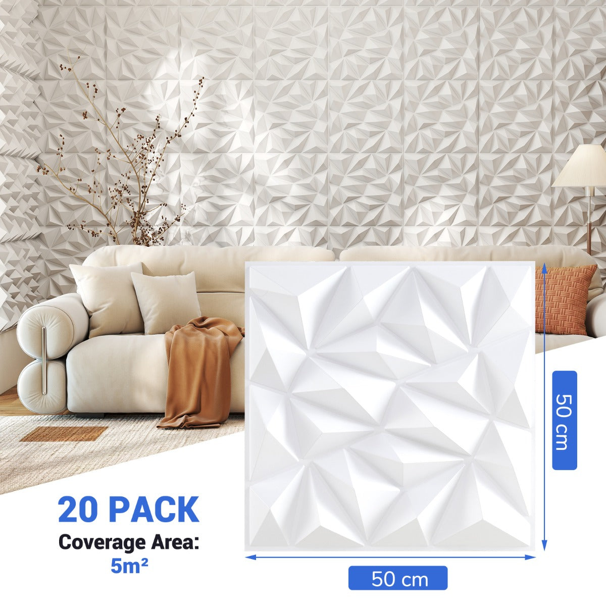 20/40-Pack 3D Wall Panels with Decorative Diamond Patterns-White-20 Pack