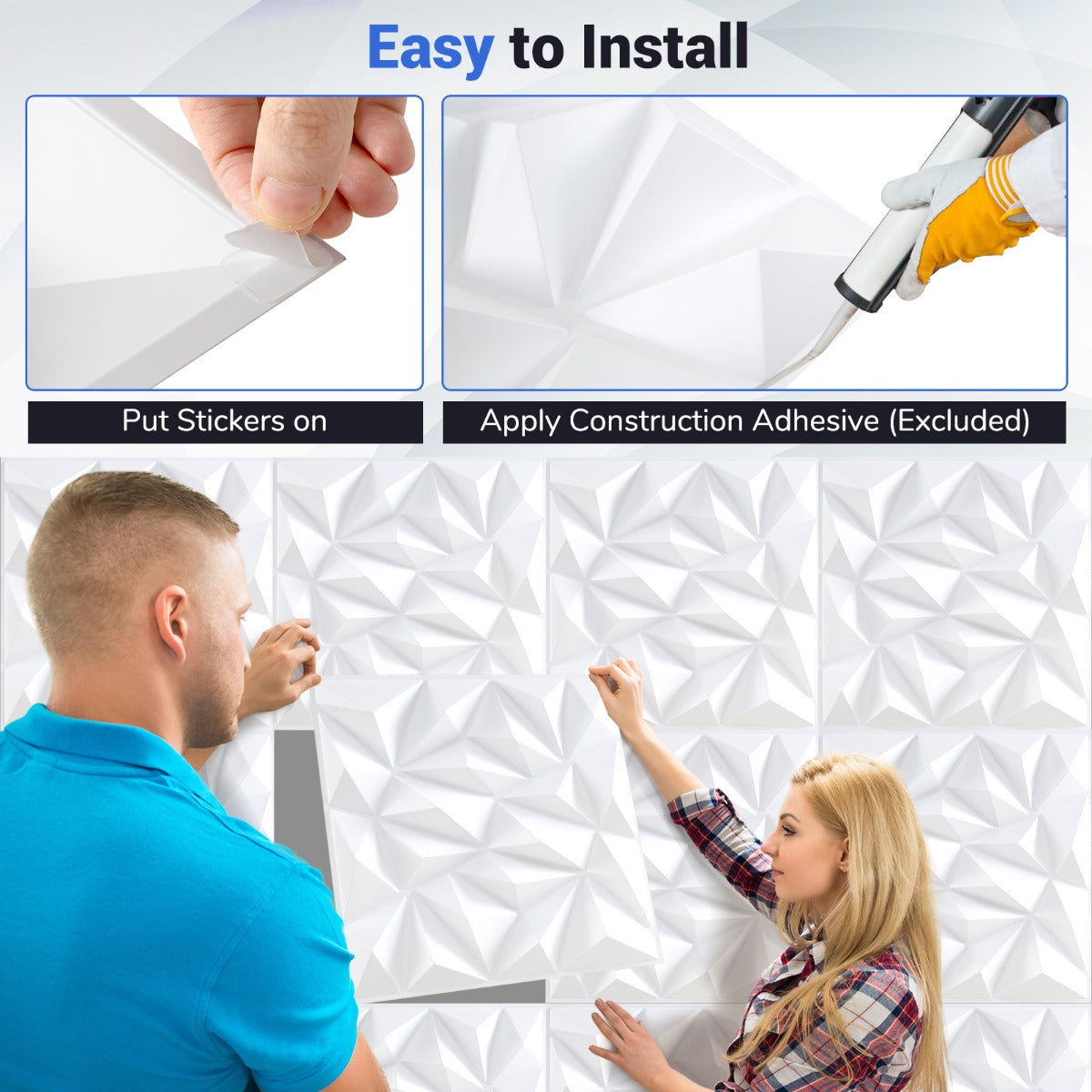 20/40-Pack 3D Wall Panels with Decorative Diamond Patterns-White-20 Pack