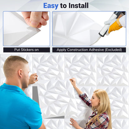 20/40-Pack 3D Wall Panels with Decorative Diamond Patterns-White-40 Pack