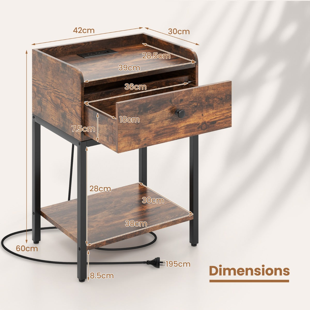 Industrial Bedside Table Nightstand with Charging Station-Rustic Brown