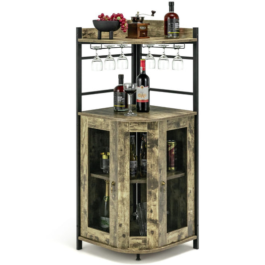 Costway Industrial Corner Bar Cabinet with Glass Holder and Adjustable Shelf-Brown