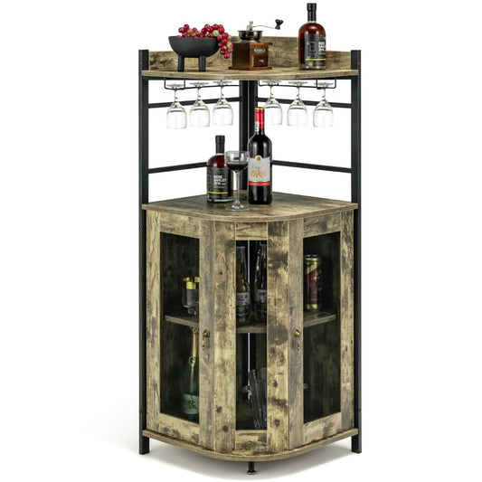 Rustic Industrial Corner Bar Cabinet with Glass Holders and Adjustable Shelf