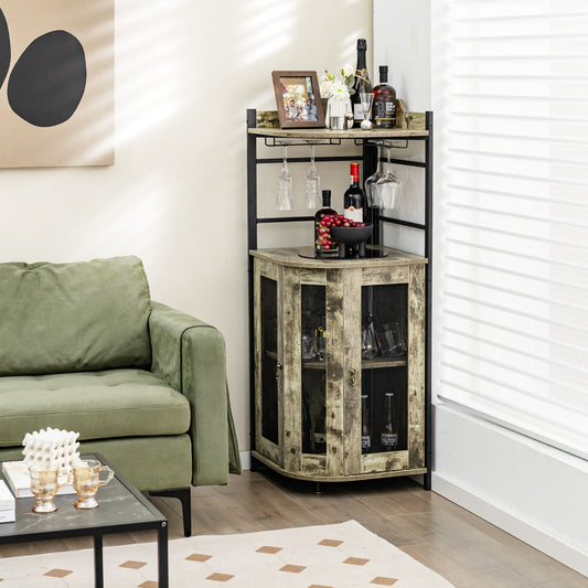Costway Industrial Corner Bar Cabinet with Glass Holder and Adjustable Shelf-Brown
