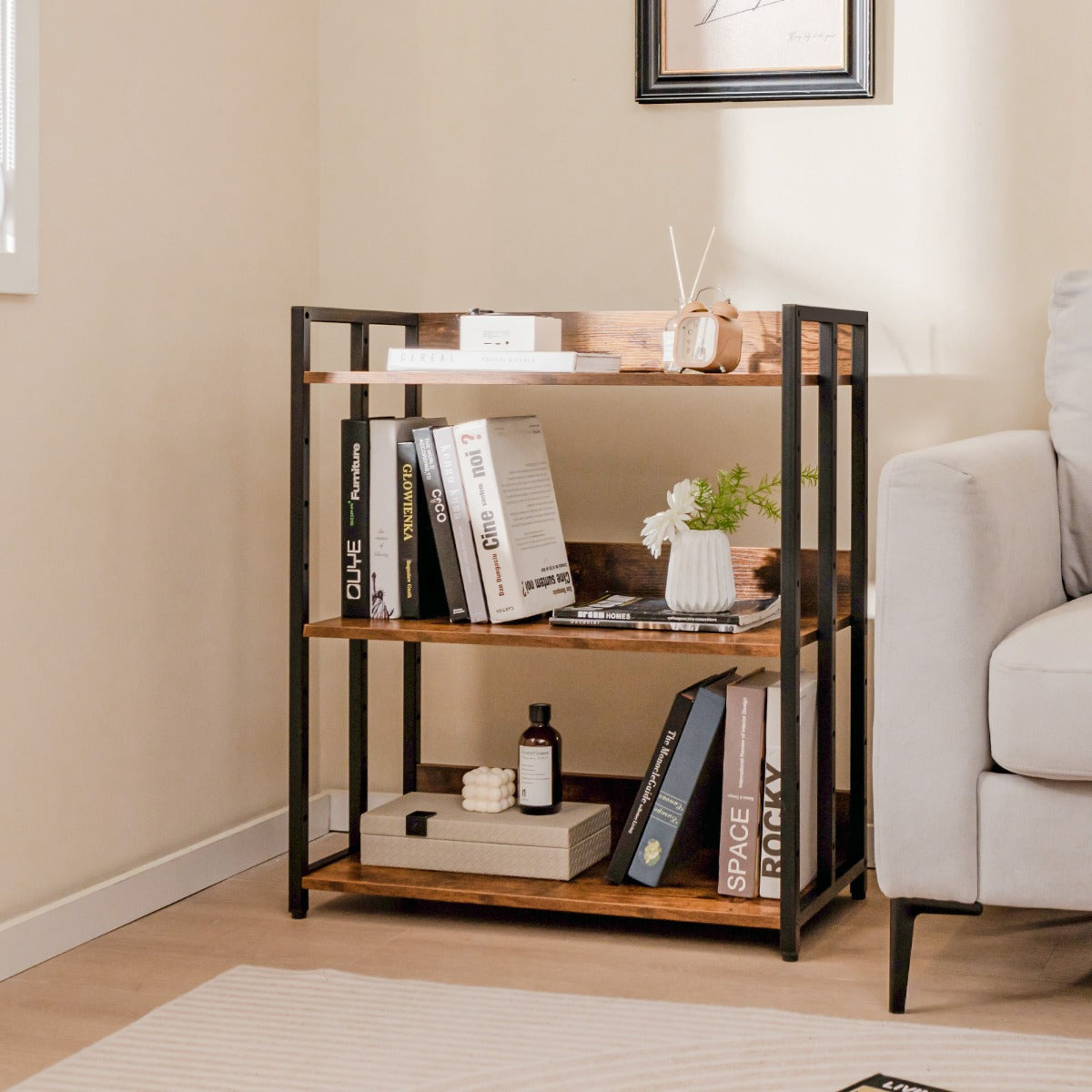 Industrial Corner Bookcase with Adjustable Shelves and Metal Frame for Study/Living Room/Kitchen