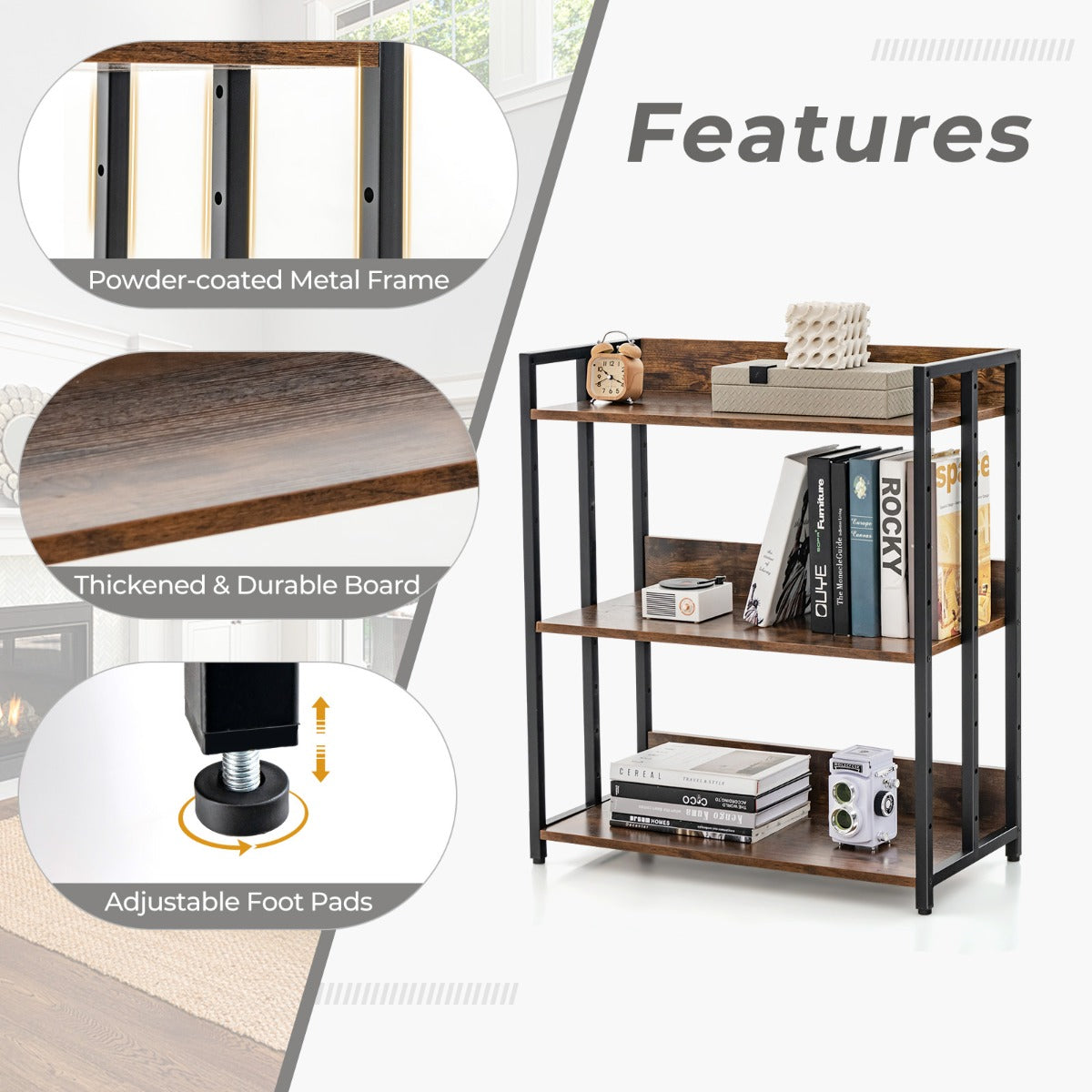 Industrial Corner Bookcase with Adjustable Shelves and Metal Frame for Study/Living Room/Kitchen