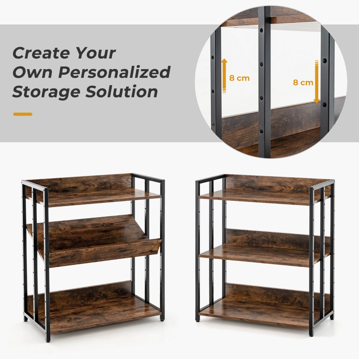 Industrial Corner Bookcase with Adjustable Shelves and Metal Frame for Study/Living Room/Kitchen