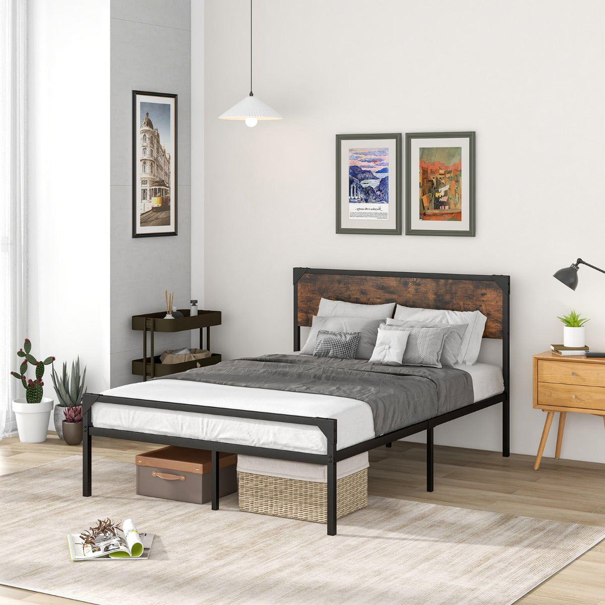 Costway Industrial Double/Queen Size Bed Frame with 9 Support Legs-Double