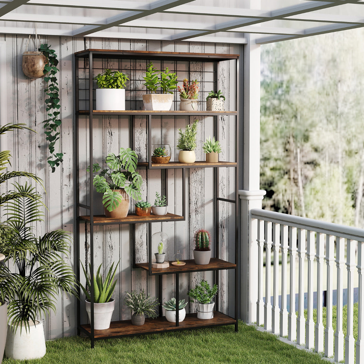 Industrial Freestanding Plant Stand with Metal Net-Rustic Brown